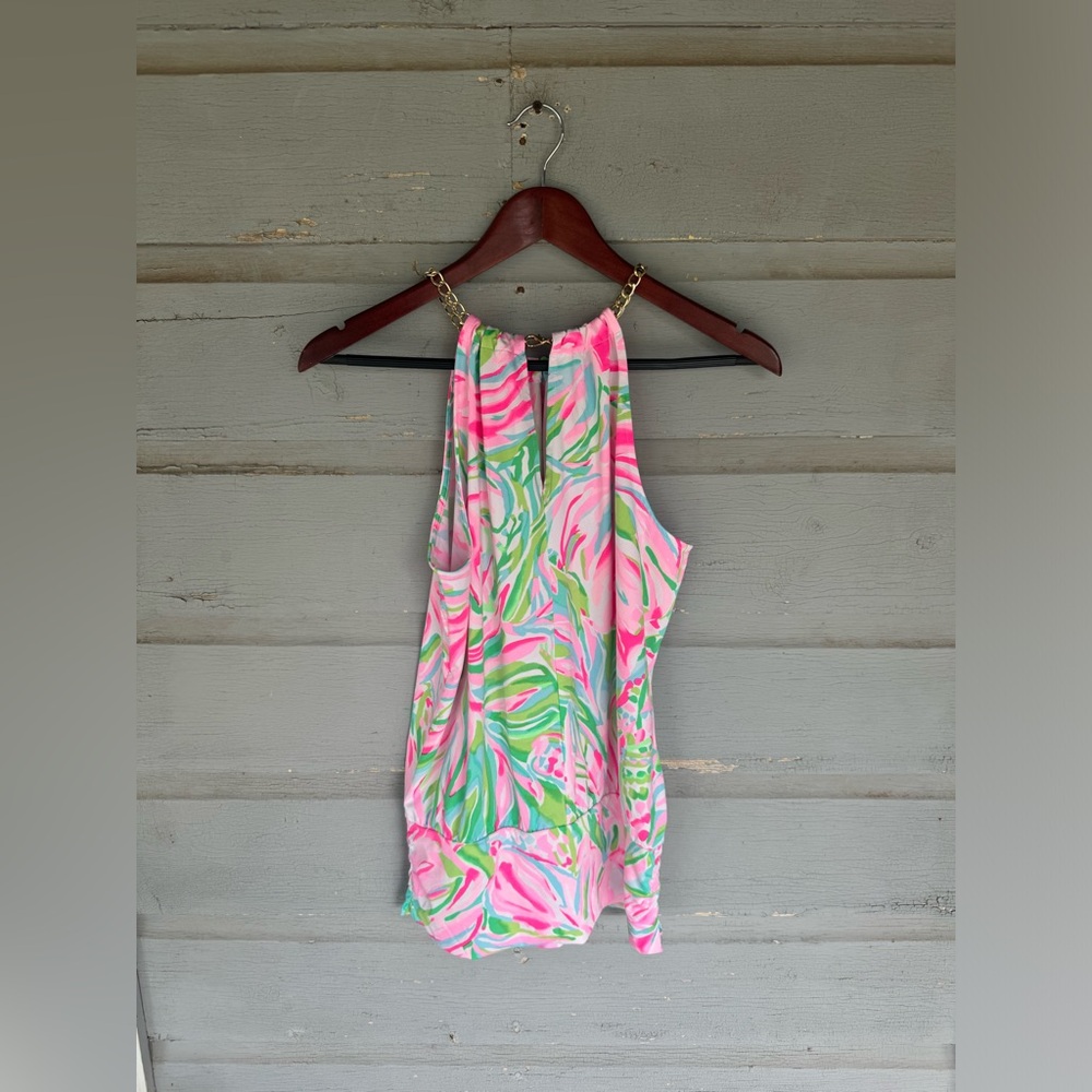 Lily Pulitzer Bowen Multi Croc My World Halter Top Gold Chain Pink Green Blue SM - Picture 2 of 5